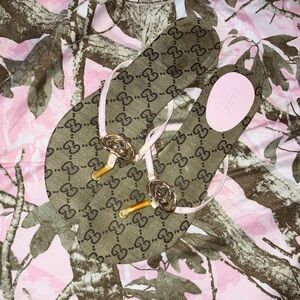 Gucci Brown GG Canvas Flip Flops with Pink Straps and Gold Hardware